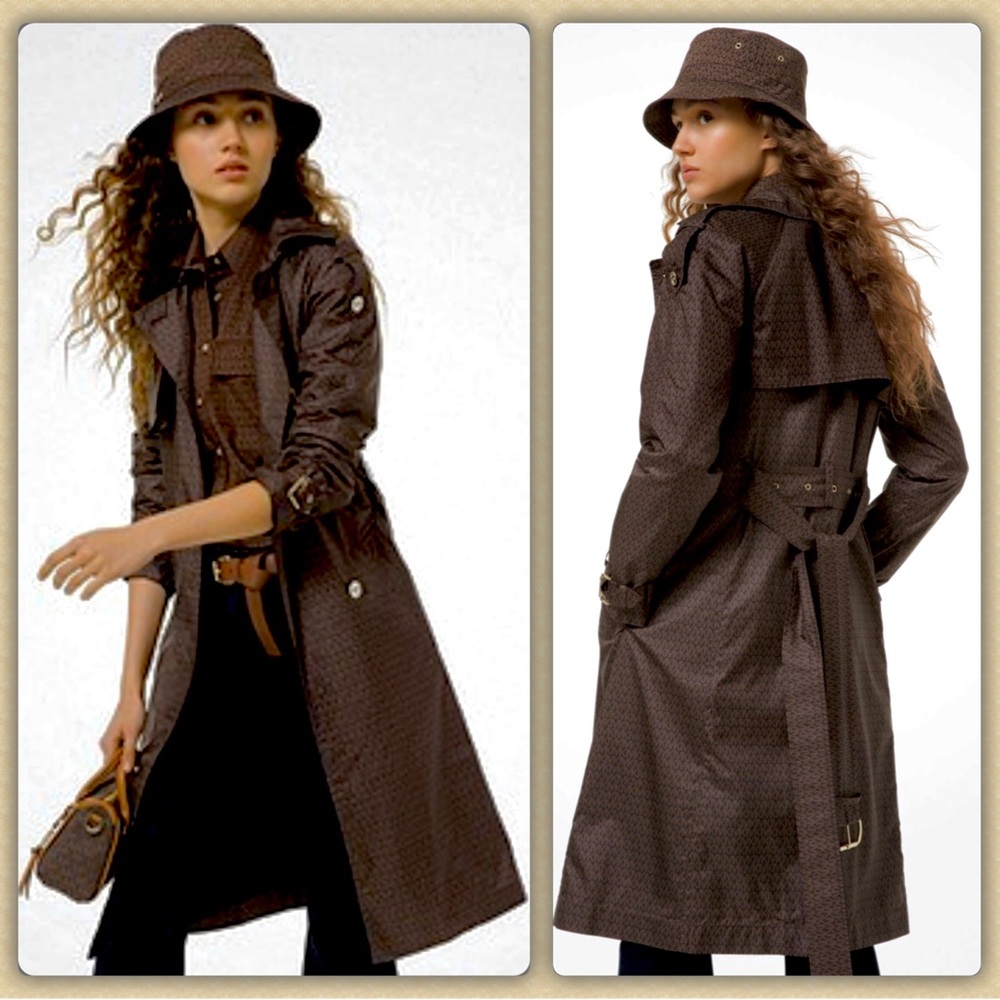 NWT MK MICHAEL KORS Signature MK Logo Trench Coat Jacket, Chocolate & Gold Sz:M